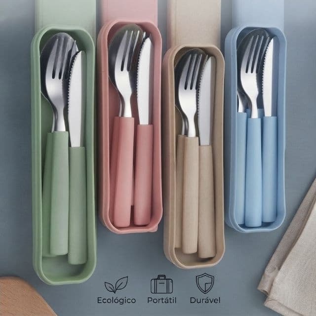 Kit 3 PEÇASTalheres Inox Estojo Portátil Viagem Trabalho Escola
