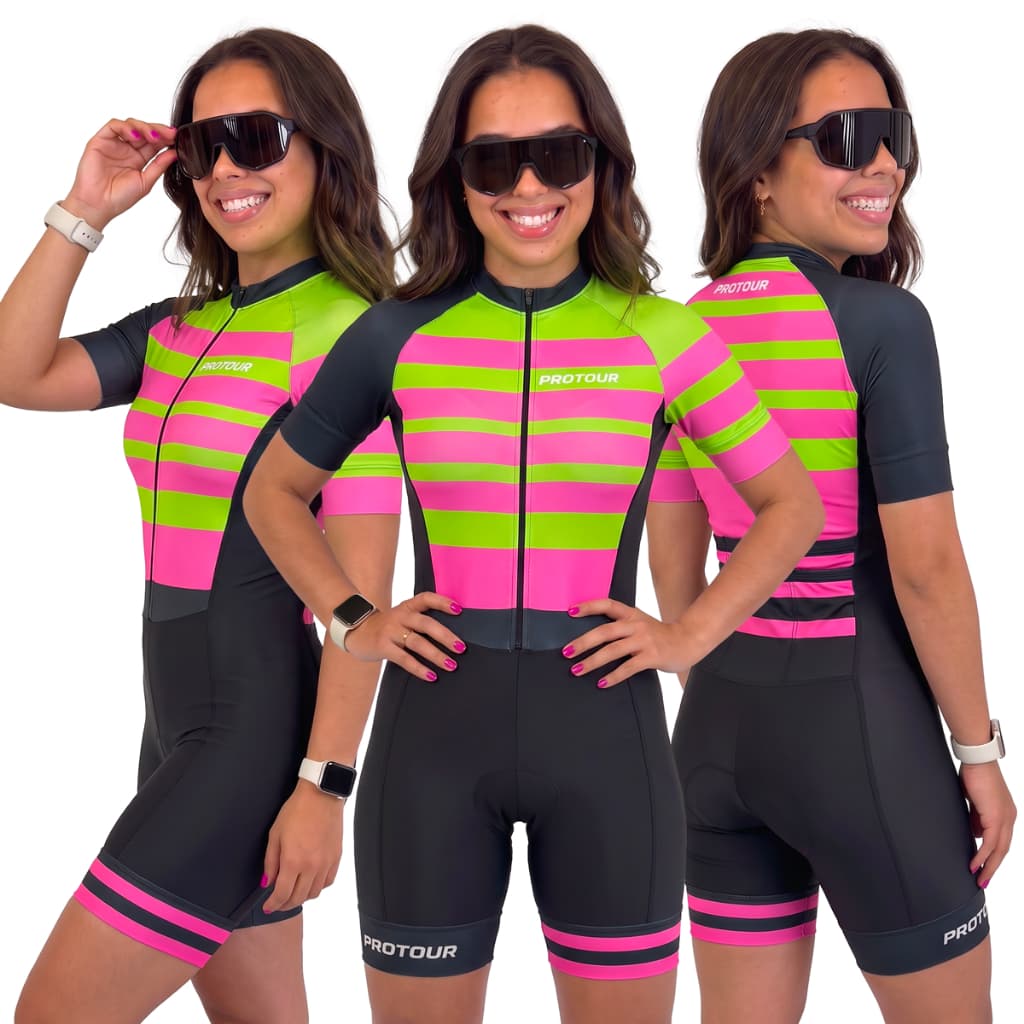 Macaquinho Ciclismo Feminino Profissional Gel Acolchoado UV Proteção MTB Speed Linhas Neon Com Bolsos Pro Tour