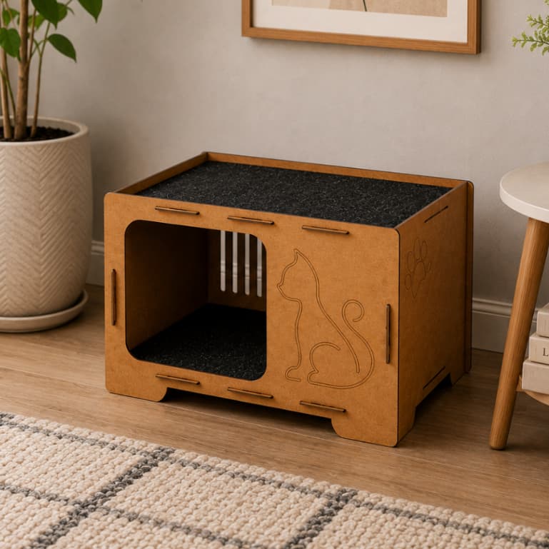 Casa Carpete Toca Gatos Mdf Brinquedo Arranhador Gato Diversão 30x48x30cm