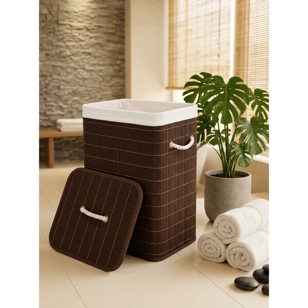 Cesto Organização roupa Bambu 70 Litros Com Tampa Alças Portátil Dormitório Lavanderia