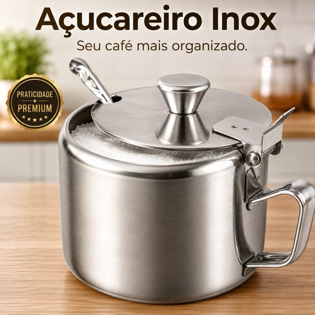 Açucareiro Inox Premium 220ml com Colher e Tampa para Açúcar Café Cozinha pratico resistente