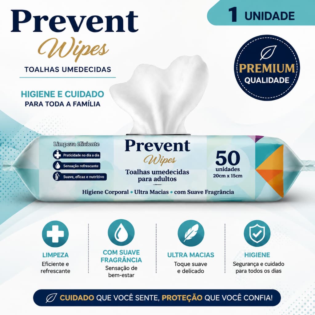 Lenço Umedecido Geriátrico Prevent Wipes 50un Higiene Hidratação Praticidade Cuidados Pele Adulto Limpeza Segura Suave