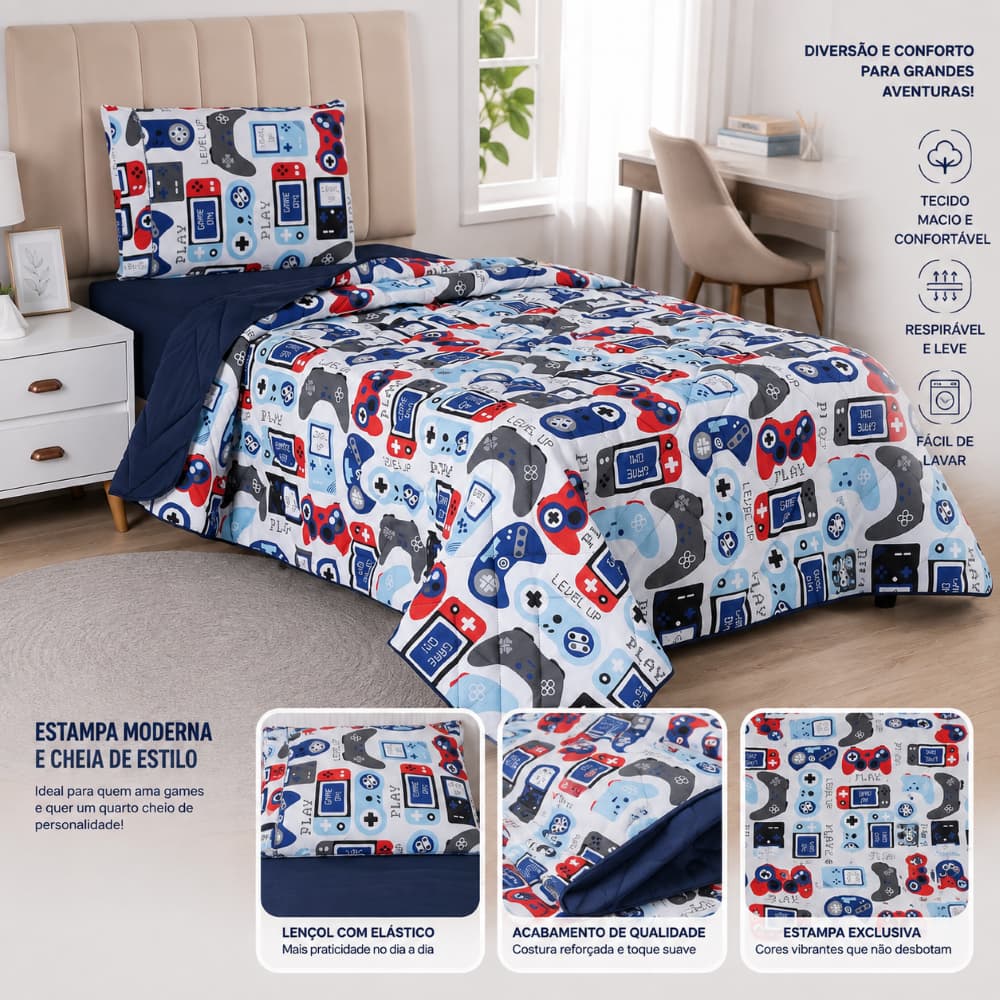 Kit KIDS  03 Peças Para Cama Solteiro  Lencol + Edredom Estampado  Ponto Palito Menino Menina 400 Fios