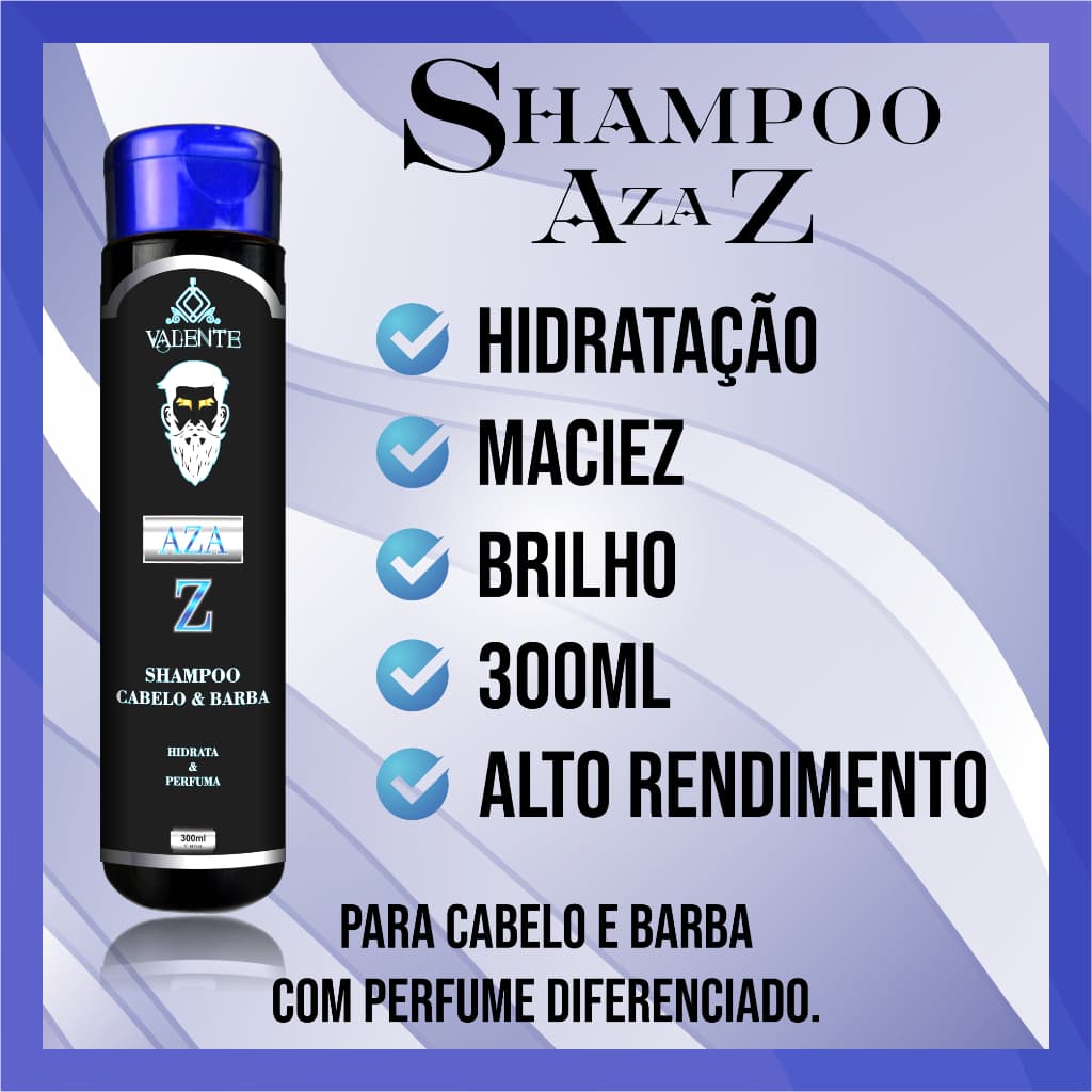 Shampoo Masculino Cabelo e Barba Aza Z Valente 300ml Hidratação Maciez e Brilho