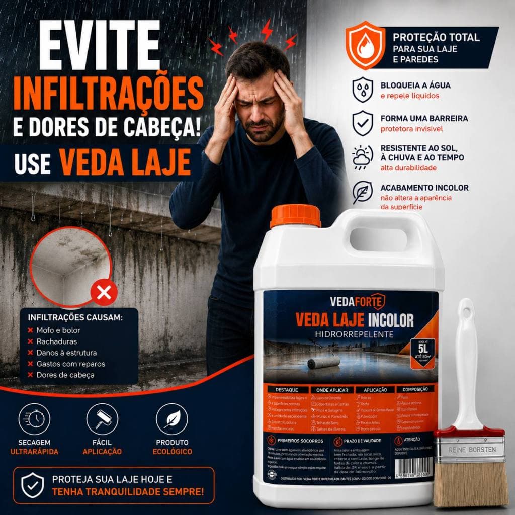 Kit Veda Laje 5 Litros com Broxa Profissional Impermeabilizante Incolor Para Laje Telhado Anti Mofo