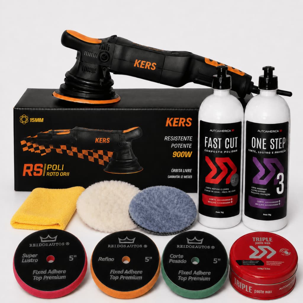 Kit Polimento Automotivo Politriz Kers RS 15mm 127v + Fast Cut One Step + Cera Carnauba Boinas La Branca Azul E Flanela