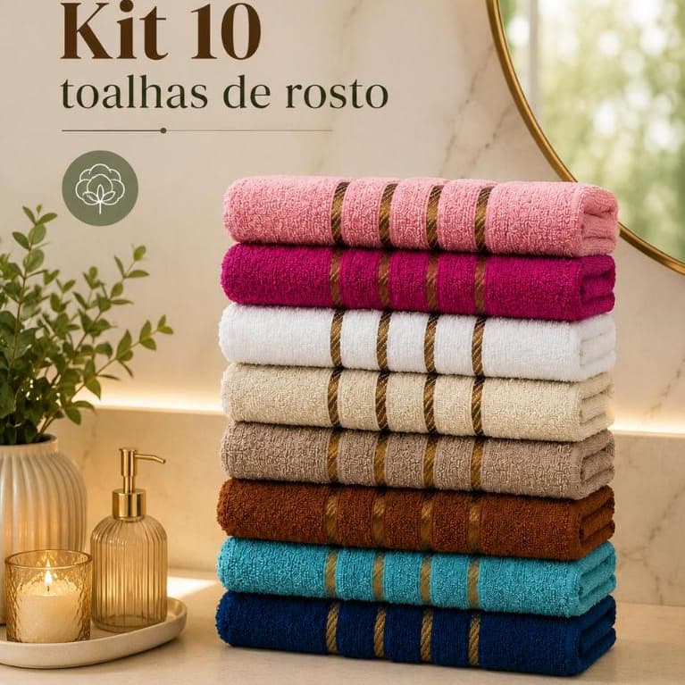 Jogo de 10 Toalhas de Rosto 100% Algodão Kit 10 Toalhas de Rosto Alta Absorção Para o Dia a Dia