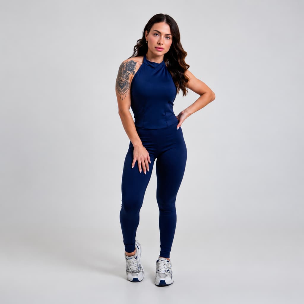 Macacão Longo Fitness Feminino Costas Abertas Zero Transparência Treino Musculação Azul Marinho