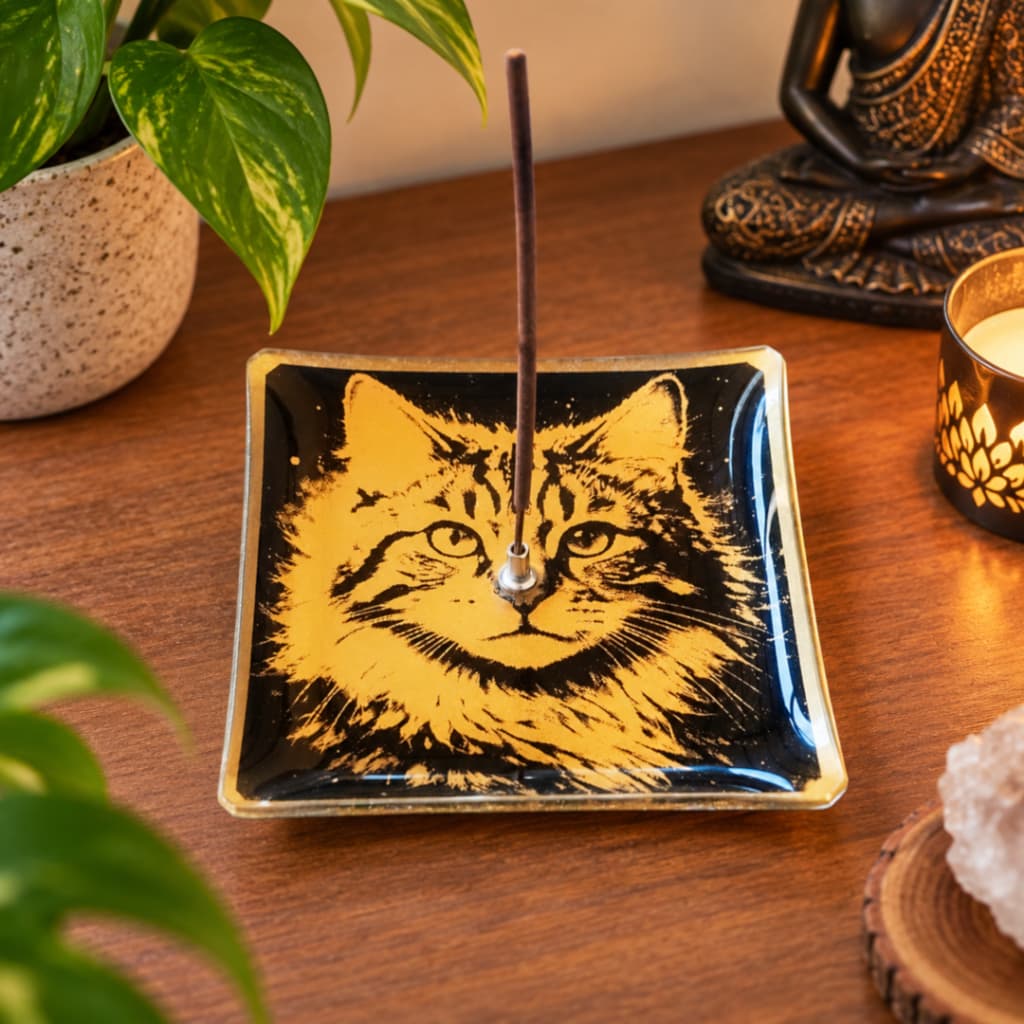 Porta Incenso Quadrado em vidro estampa gato nas cores dourado e preto