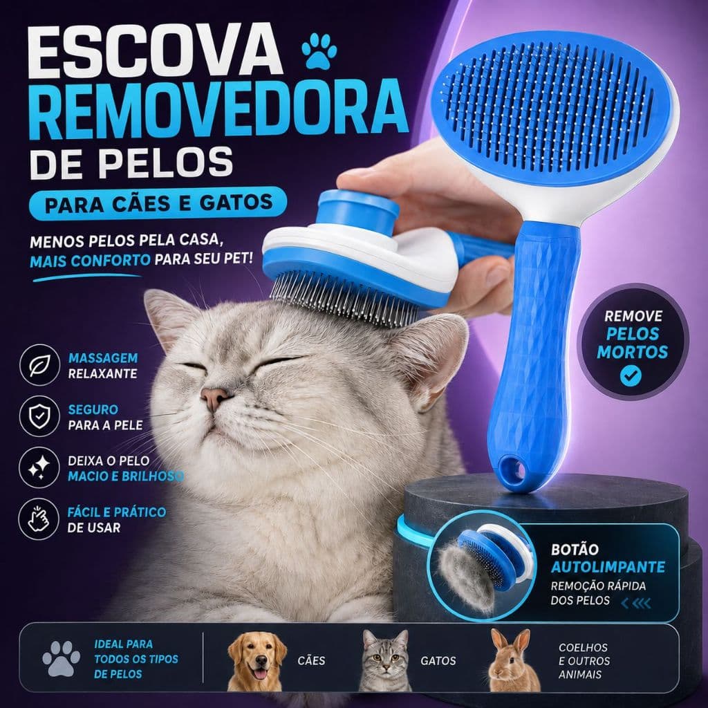 Escova Removedora de Pelos para Cães e Gatos com Botão Autolimpante Rasqueadeira Massageadora Pet