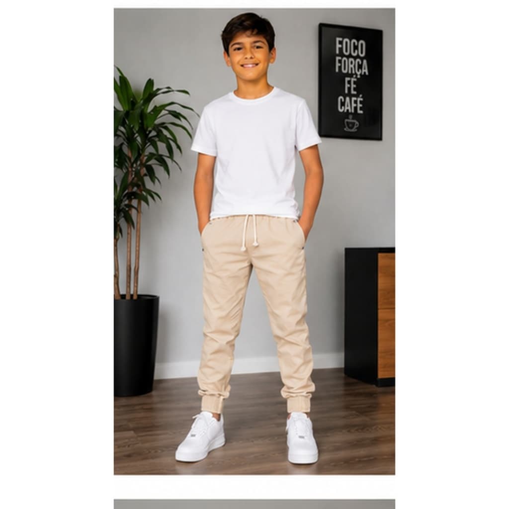 Calça Jogger Infantil brim Menino Juvenil com Elástico e Cordão Bolsos Preta e Bege