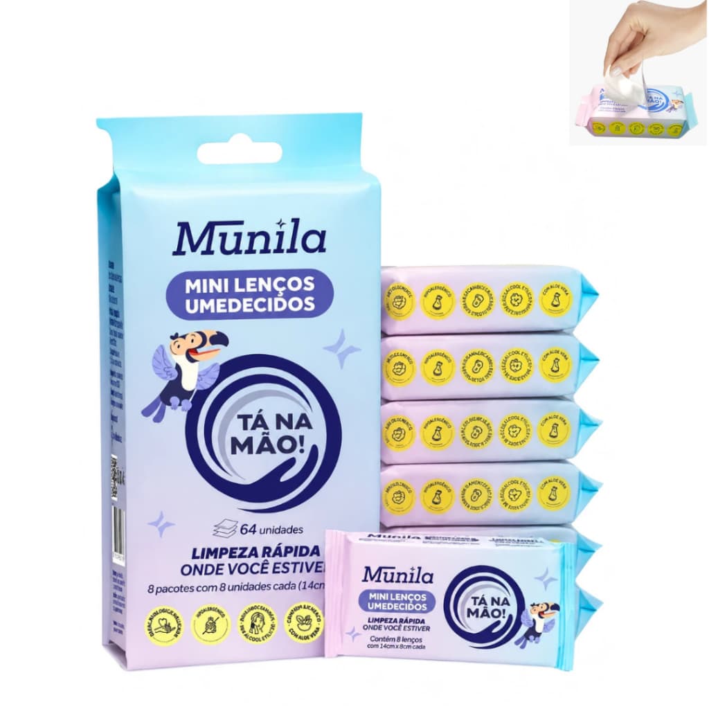 Lenços Umedecidos Munilaa Mini Lenços – Pacote com 8 Unidades | Prático e Compacto lenços Ta Na Mão