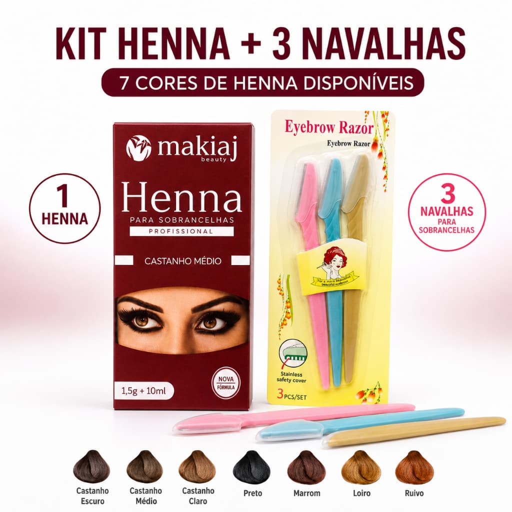 Kit Sobrancelha Henna Makiaj e 3 Lâminas Navalha Sobrancelha
