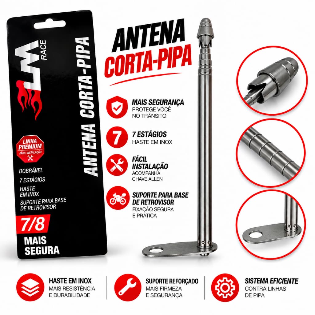 Antena Corta Pipa para Retrovisor Moto Retrátil com 7 estágios Anti Cerol Haste Inox Cromado