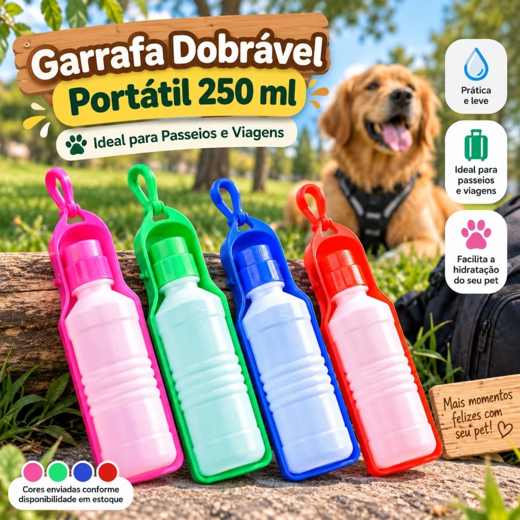Garrafa Bebedouro Dobrável Pet 250ml Portátil Mosquetão Passeio Viagem Cachorro Gato Cores Sortidas Prática Compacta