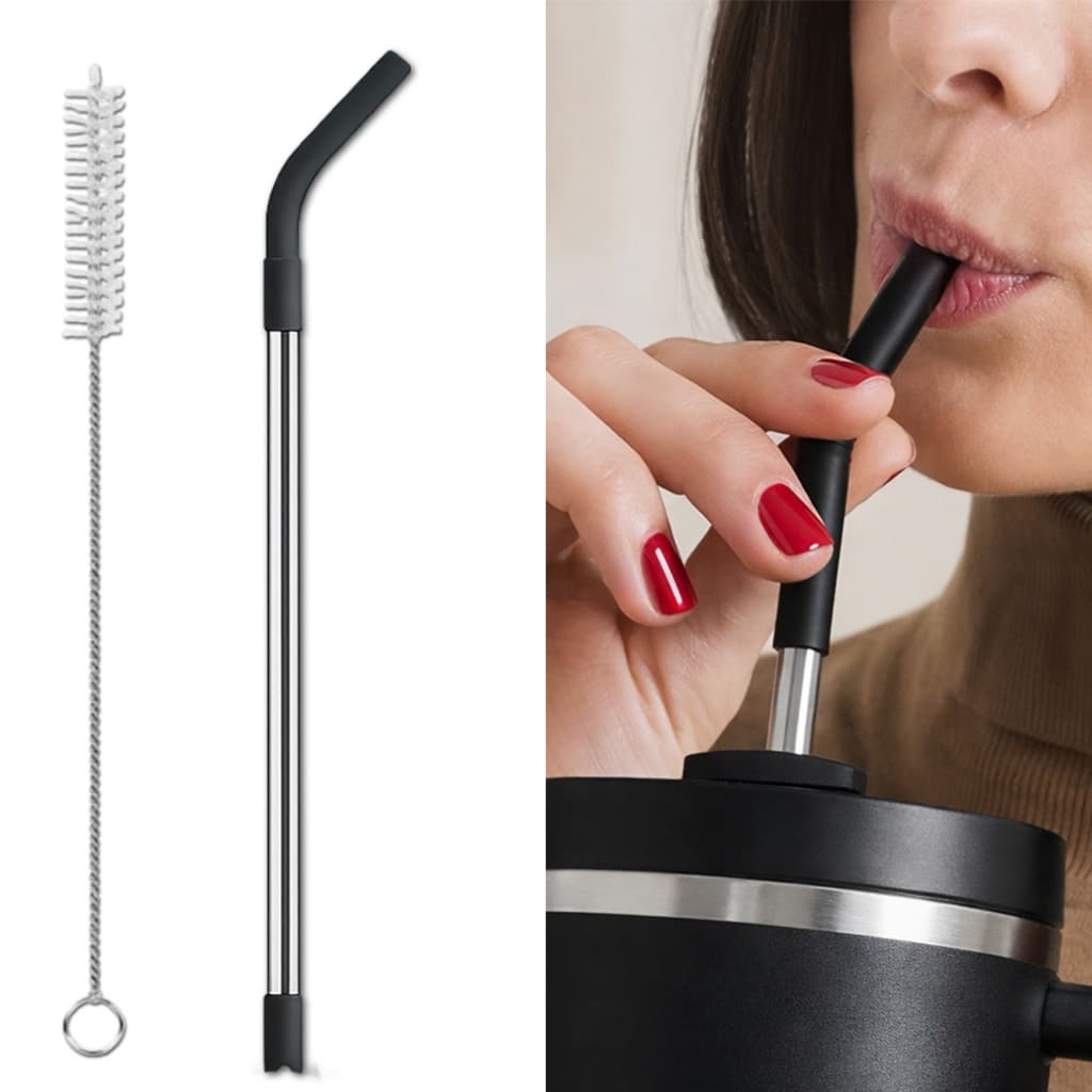 Kit Canudo Preto Metal Aço Inox 30cm c/ Ponta De Silicone e Escova Limpeza Canudos Copo 1200ml