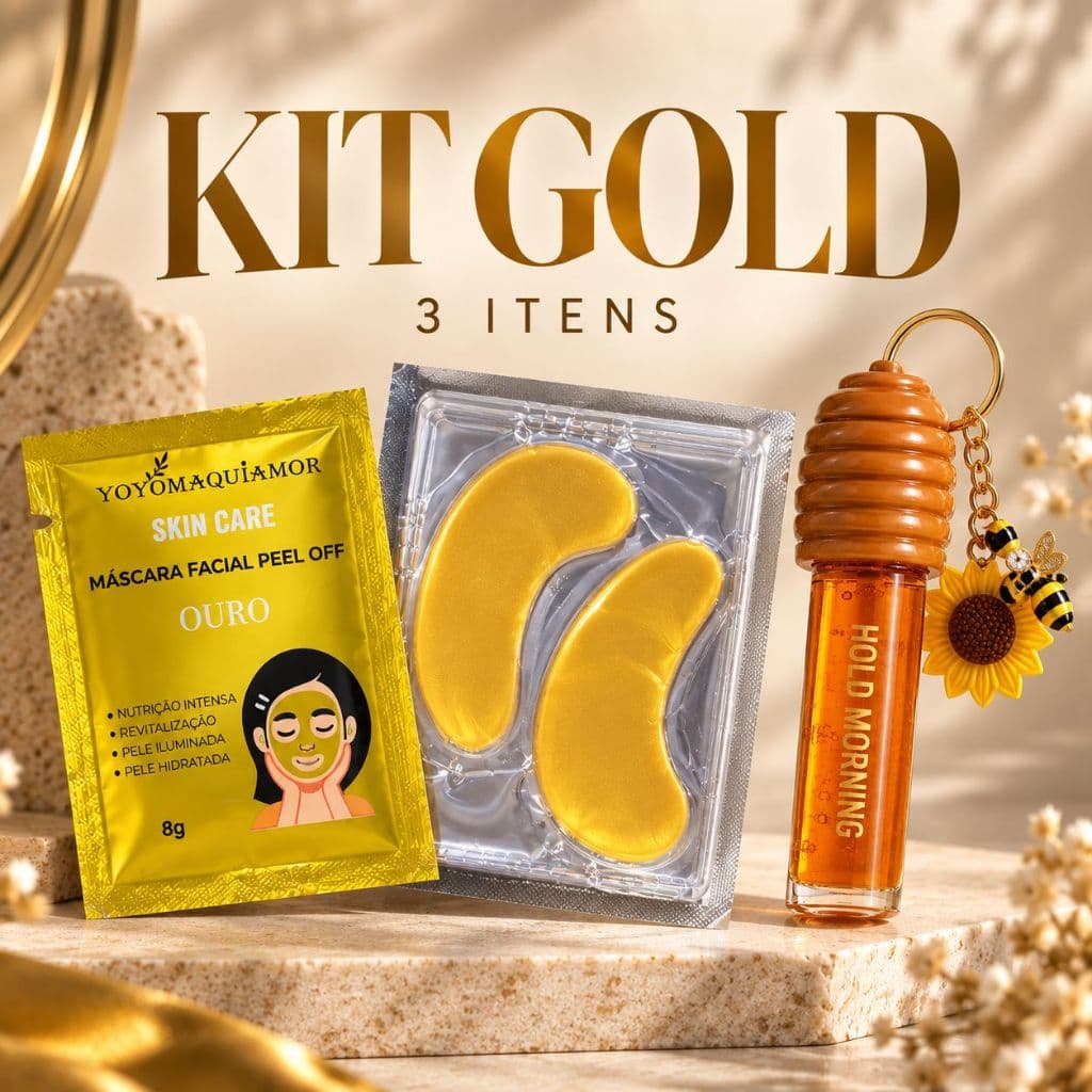 Kit Skincare Gold 3 Itens Máscara Facial Peel Off Ouro + Patch para Olhos + Gloss Labial Hold Morning