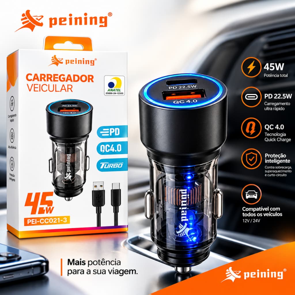 Carregador Veicular Turbo 45W Peining Entrada USB e Entrada Tipo C
