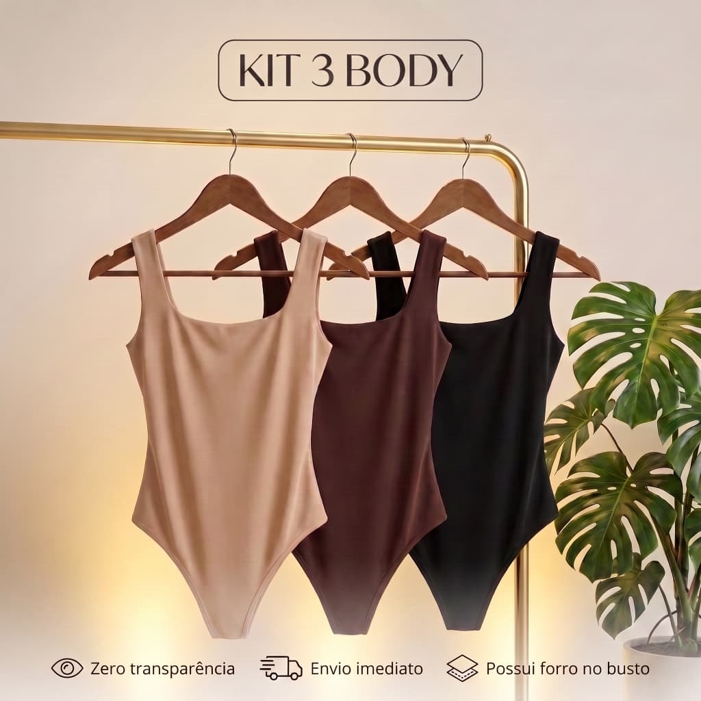 Kit 3 Body Feminino Regata Decote Quadrado Sem Transparência Suplex Microfibra Elegante Forrado Blusa Feminina Tendência
