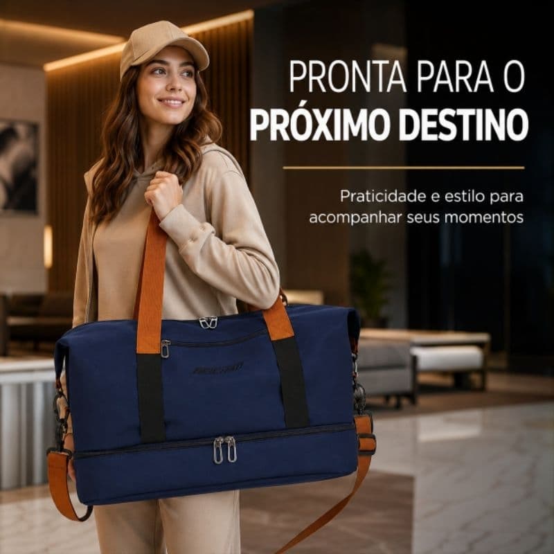 Bolsa de Viagem Academia Grande Impermeável com Compartimento Inferior para Calçados Alças Reforçadas e Alça Transversal