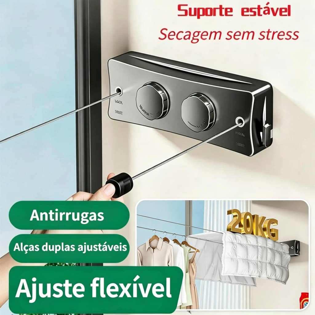 Varal Retrátil Duplo de Parede 5,1m Aço Inoxidável 20kg Resistente