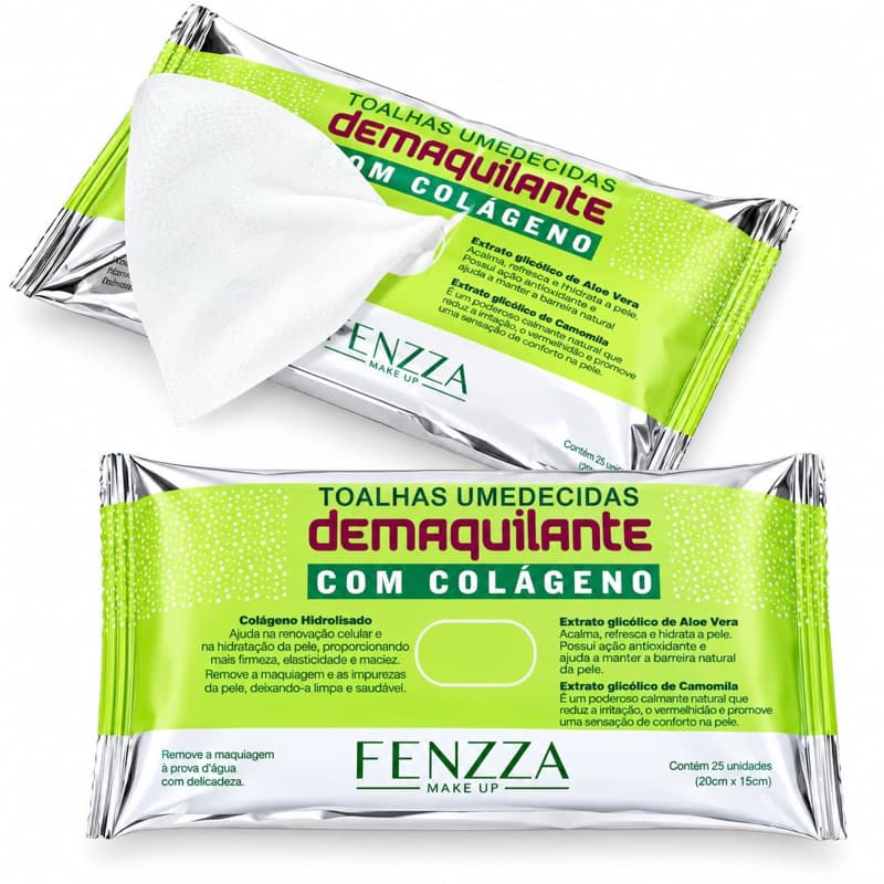 Toalhas Umedecidas Demaquilante com Colágeno Fenzza – Remove Maquiagem, Limpa, Hidrata e Revitaliza a Pele | 25 Unidades
