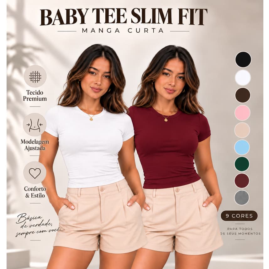 KIT 2 Blusa Feminina Slim Fit Baby Tee Manga Curta Justa Compressão Blusinha Casual