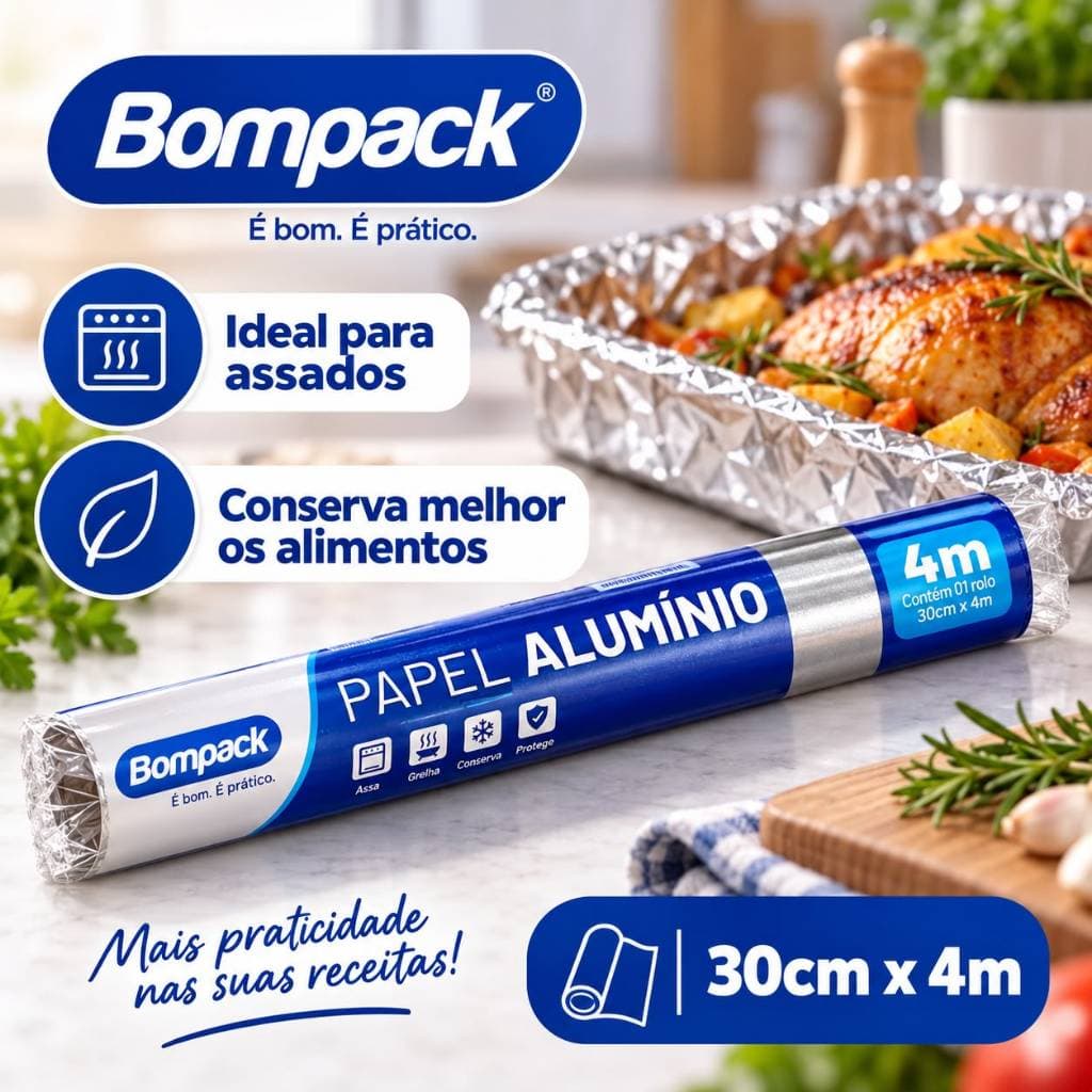Papel Alumínio Bompack 30cm x 4m Rolo para Cozinha Assados Forno Churrasco Conservação de Alimentos