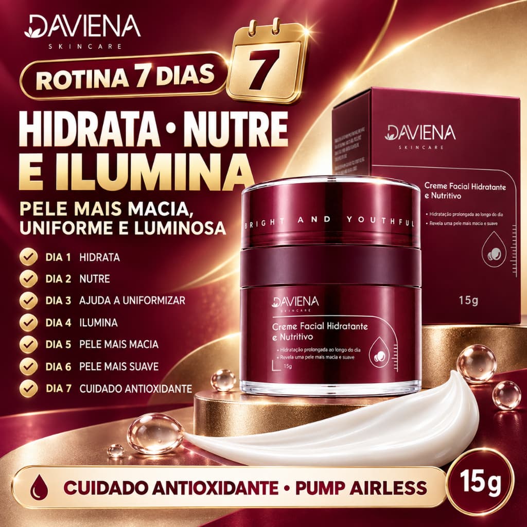 DAVIENA Creme Hidratante Facial Nutritivo Pele Viçosa 15g,Colágeno,Hidratação Profunda,Uso Diário ,Pele Macia