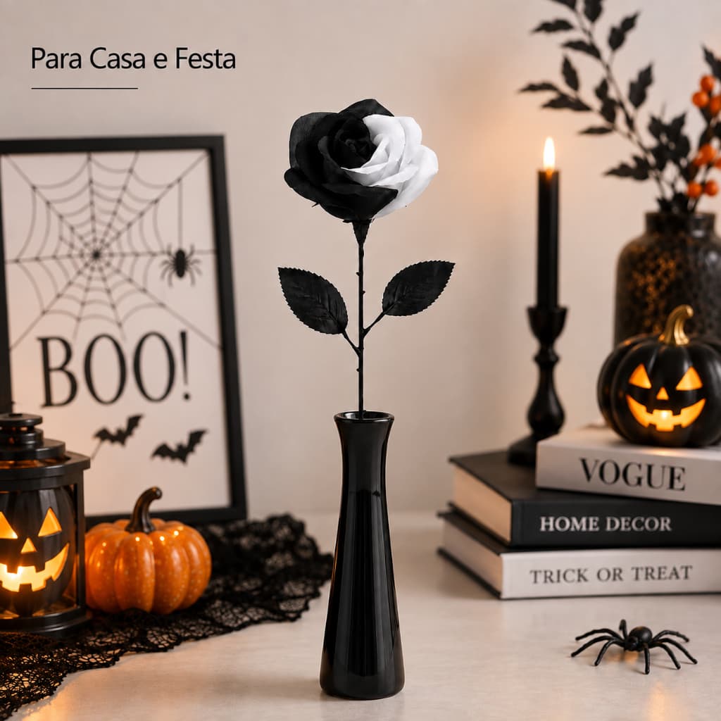 Kit 10 Rosas Artificiais Preto e Branco, Flores Decorativas para Vaso, Buquê Artificial Casa, Festa e Casamento