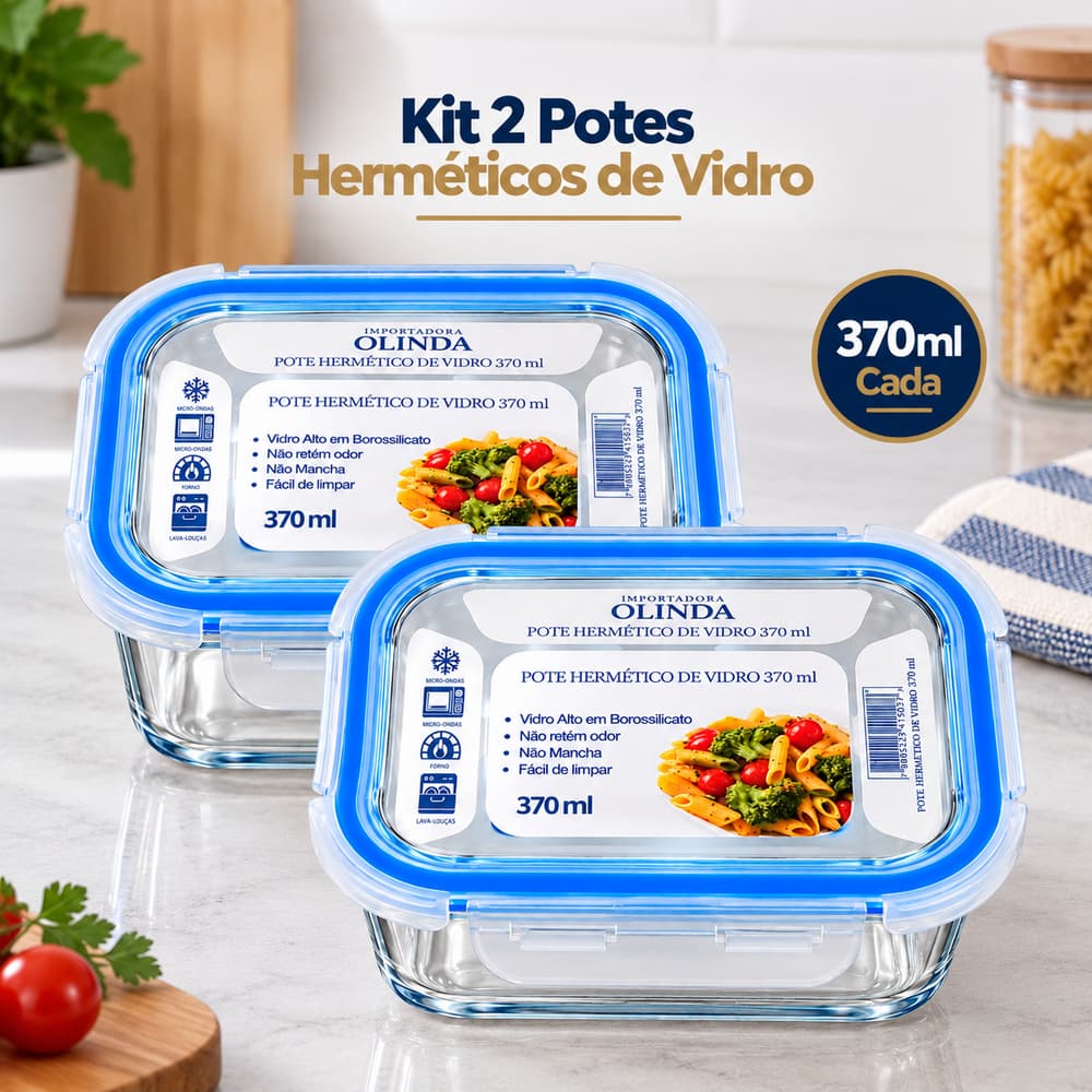Kit 2 Potes Herméticos de Vidro 370ml com Tampa e Travas para Marmita, Pote Hermético Retangular