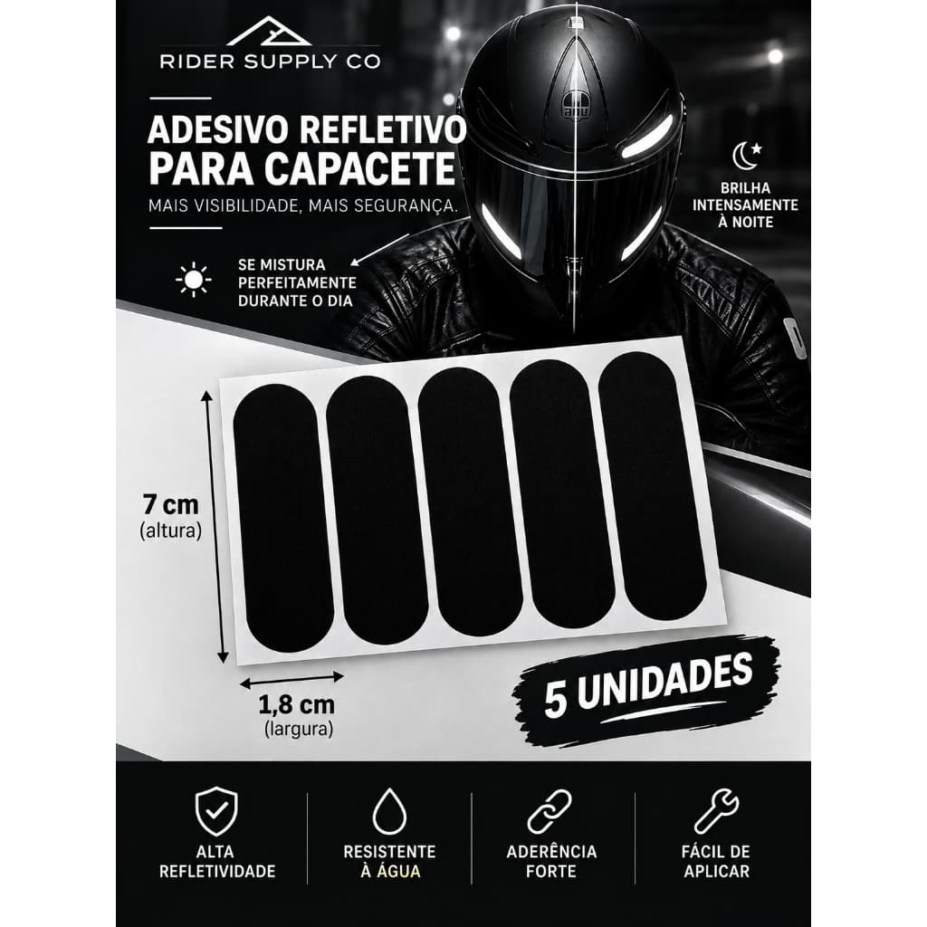 Adesivo Refletivo para Capacete moto Preto | Segurança Noturna para Moto (5 unidades)