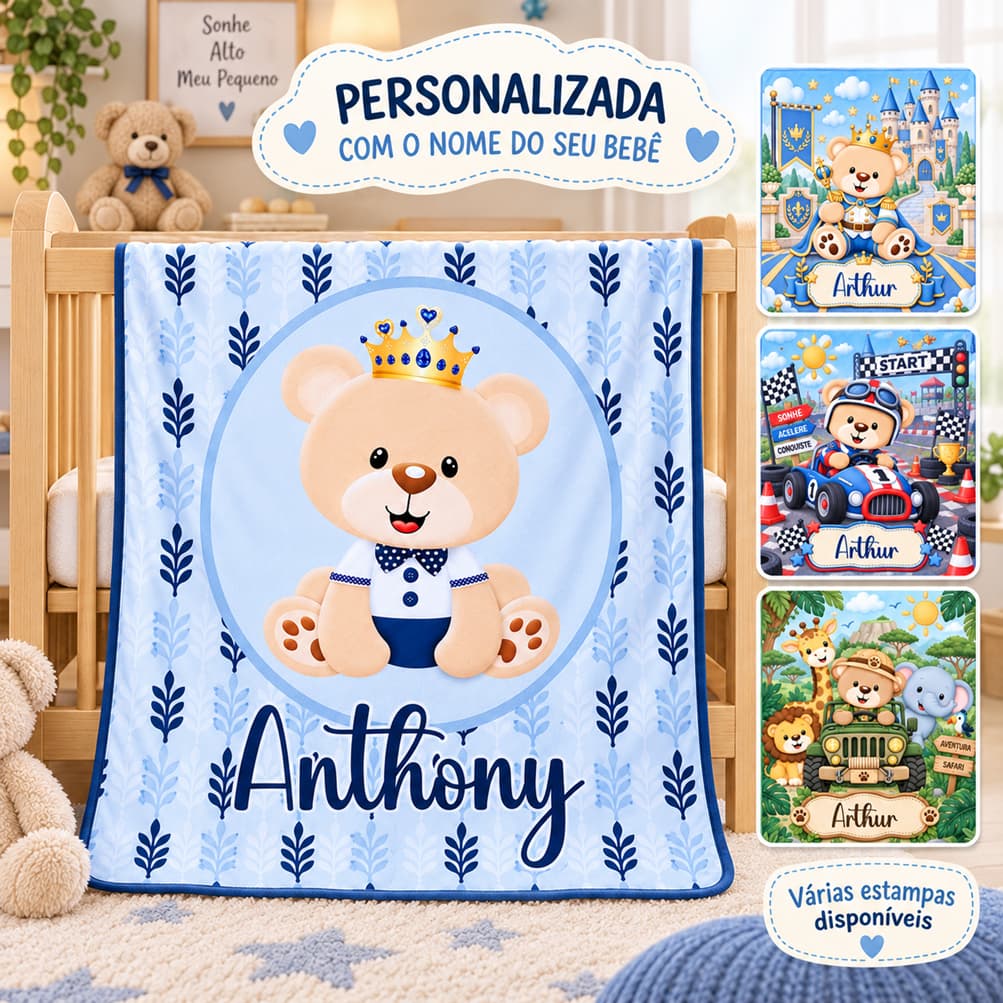 Manta Bebê Personalizada com Nome Dupla Face Tipo Cueiro Ursinhos príncipe marinheiro aviador etc