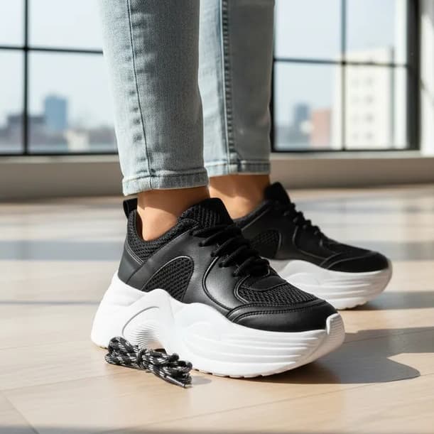Tênis Feminino Preto Sola Alta Leve Caixa Moda Urbana/Casual Blogueira Estilosa Promo Cadarço Brinde