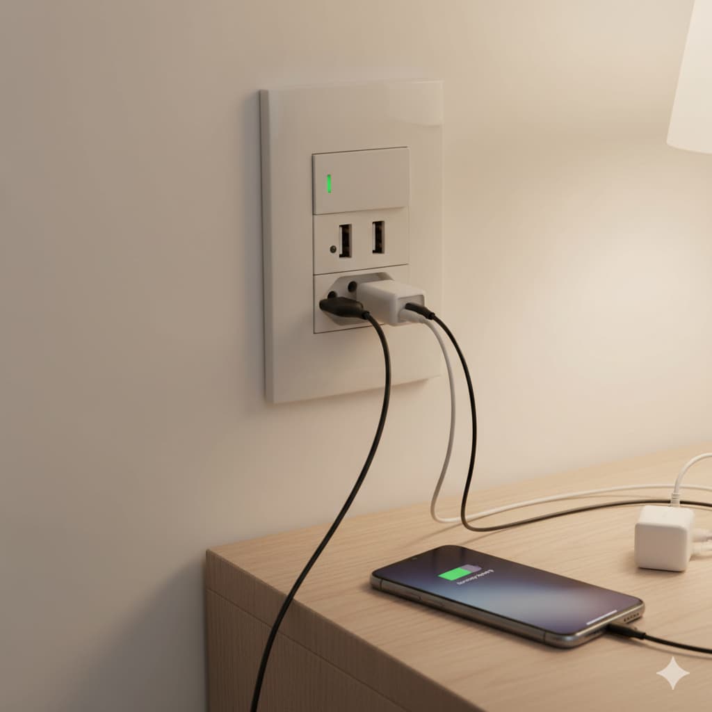 Tomada e Interruptor com Usb Duo de parede, Conjunto Elétrico Residencial com Acabamento Moderno, Fácil Instalação