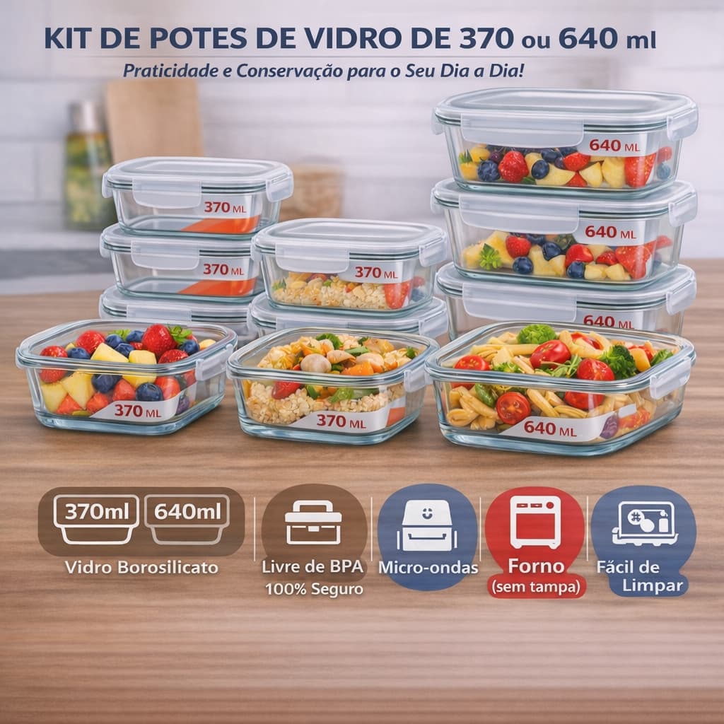 Conjunto Potes Vidro Hermético Mantimentos Marmita 370/640/