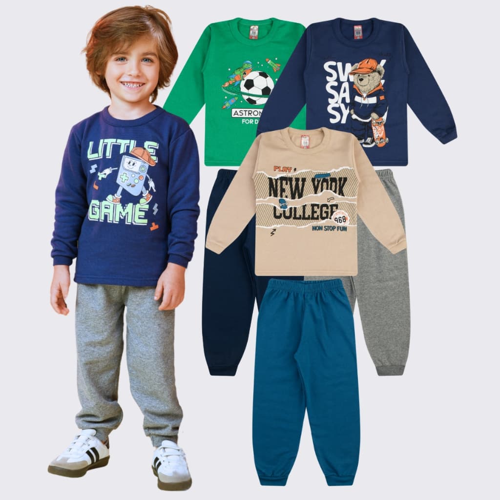 Kit Sortido 6 Peças Roupas Infantil Menino Conjunto Moletom Inverno 3 Calças e 3 Blusas