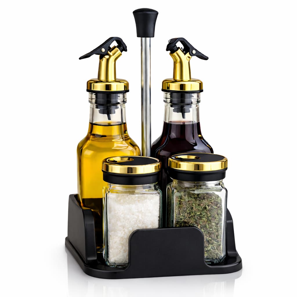 Kit Galheteiro 5 Peças Porta Temperos Vidro Luxo com Suporte Dourado Preto e Branco Cozinha Moderna Decorativa