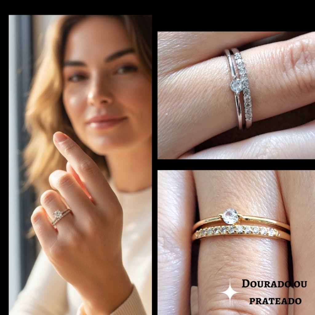 Anel Feminino Aço Banhado Ouro ou Prata–Meia Aliança Lisa-Cravejado-Solitário 3mm-Anel Aparador
