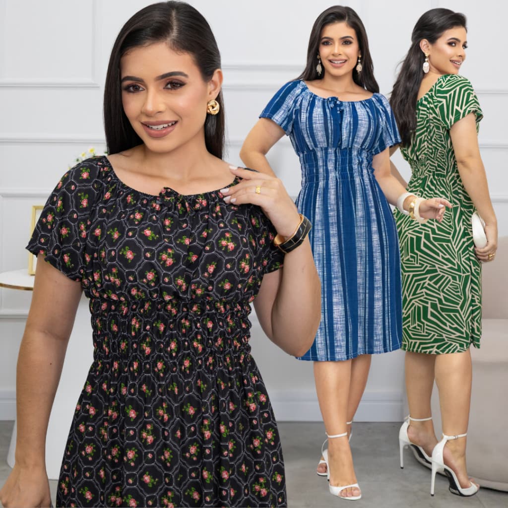 KIT 3 Vestidos Soltinho Ciganinha Liganete Estampados