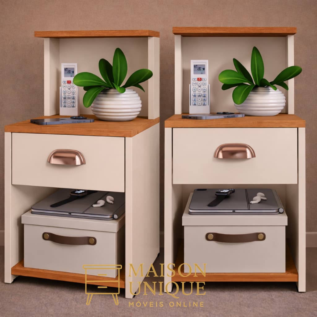 KIT 2 Mesas OU 1 Mesa de Cabeceira CLEO Criado Quarto Moderno Com Gaveta e Puxador Nicho Prateleira