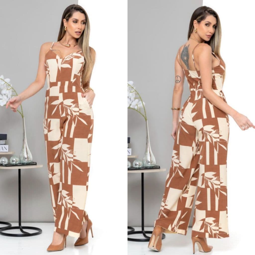Macacão pantalona feminino Costa fechada de ziper invisíve com bojo forrado alça ajustavel elegante