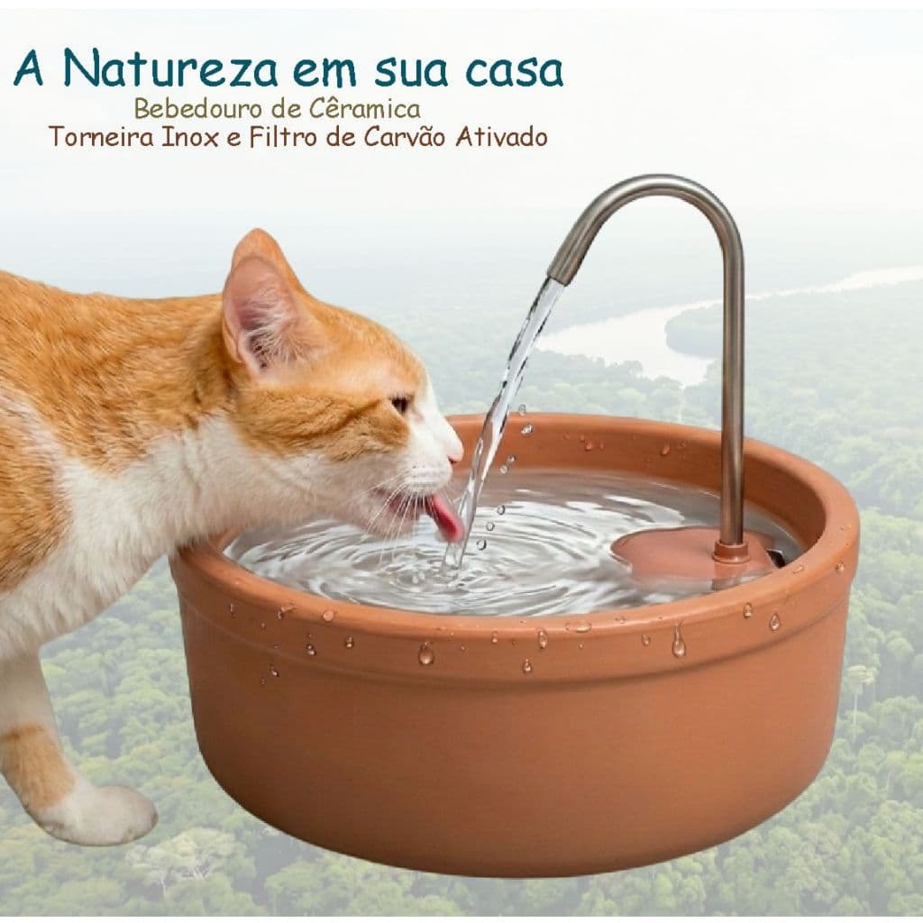 Fonte de Barro Amazônia c/ Torneira Inox Filtro de Carvão Ativado  2,5L  Purificação Natural da Água