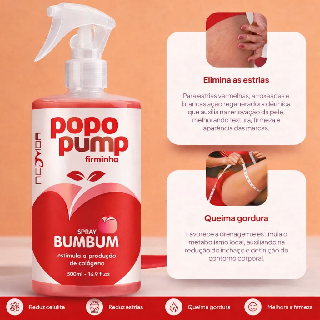 Spray Popo Pump Bumbum Firminho Tratamento Foliculite, Redutor de Celulite Estrias Hidratante Corporal  - 500ml