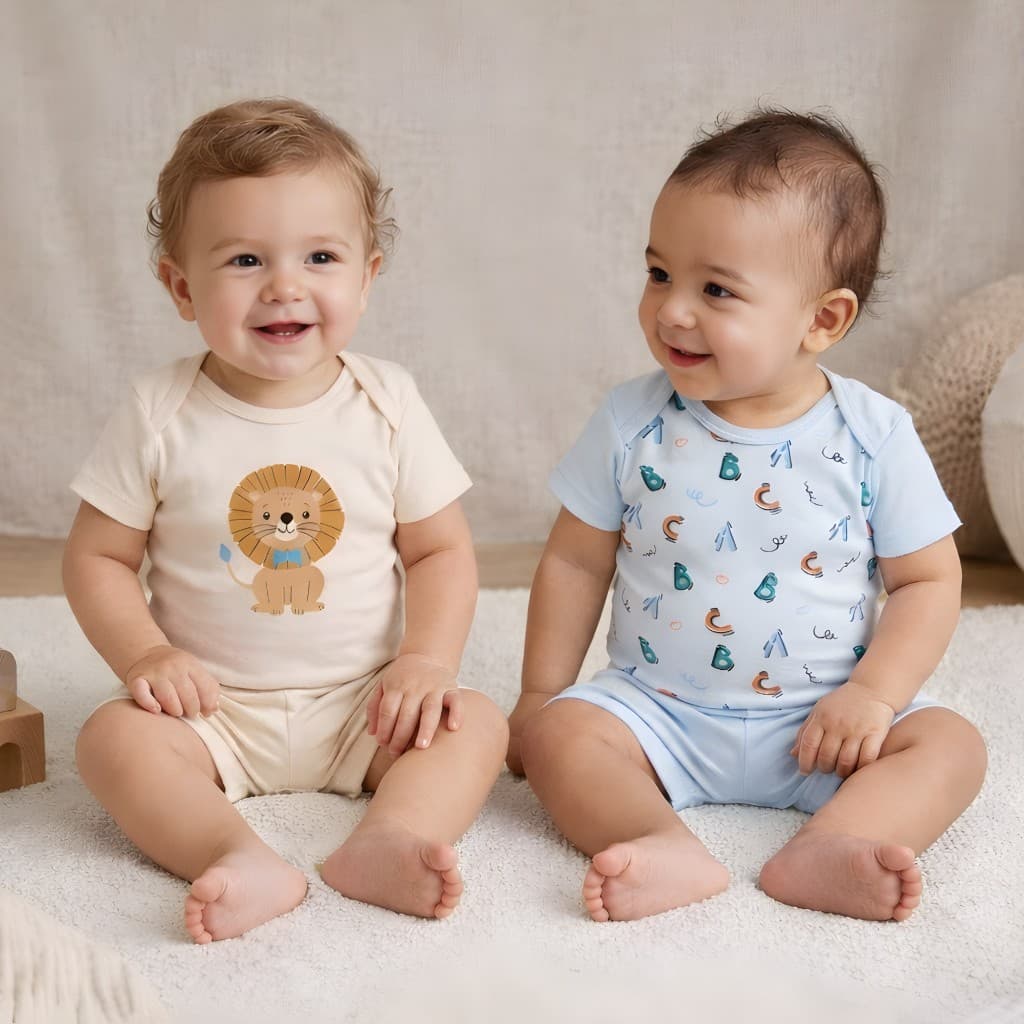 Kit 2 ou 4 Conjuntos Bebê Menino Verão Body Estampado  Manga Curta + Shorts Algodão P ao GG