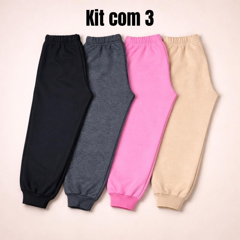 Kit 3 Calças de Moletom Bebê e Infantil Unissex Menina Menino Peluciada com Punho Quentinha Inverno do P ao 03