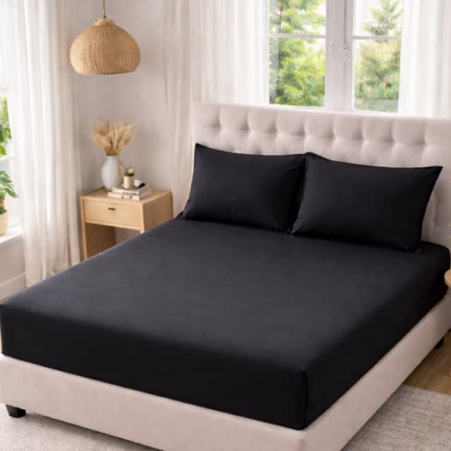 Lençol de casal para cama queen preto em malha 100% algodão 2 fronhas - 3 peças