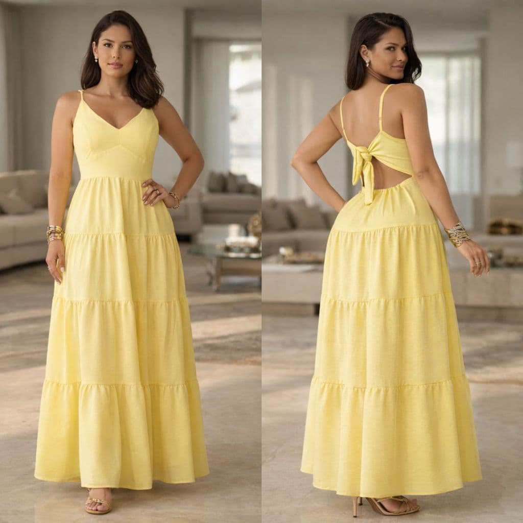 Vestido Longo Feminino  Alça Fina Elegante Moda Verão Rodado Decote V  Laço nas Costas Cores Candy