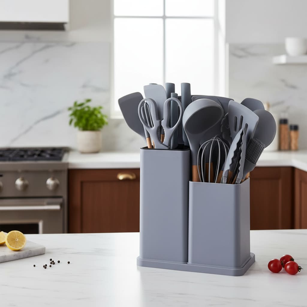 Conjunto de Utensílios de Cozinha Completo 12 ou 19 Pçs - Silicone Com Cabo de Madeira