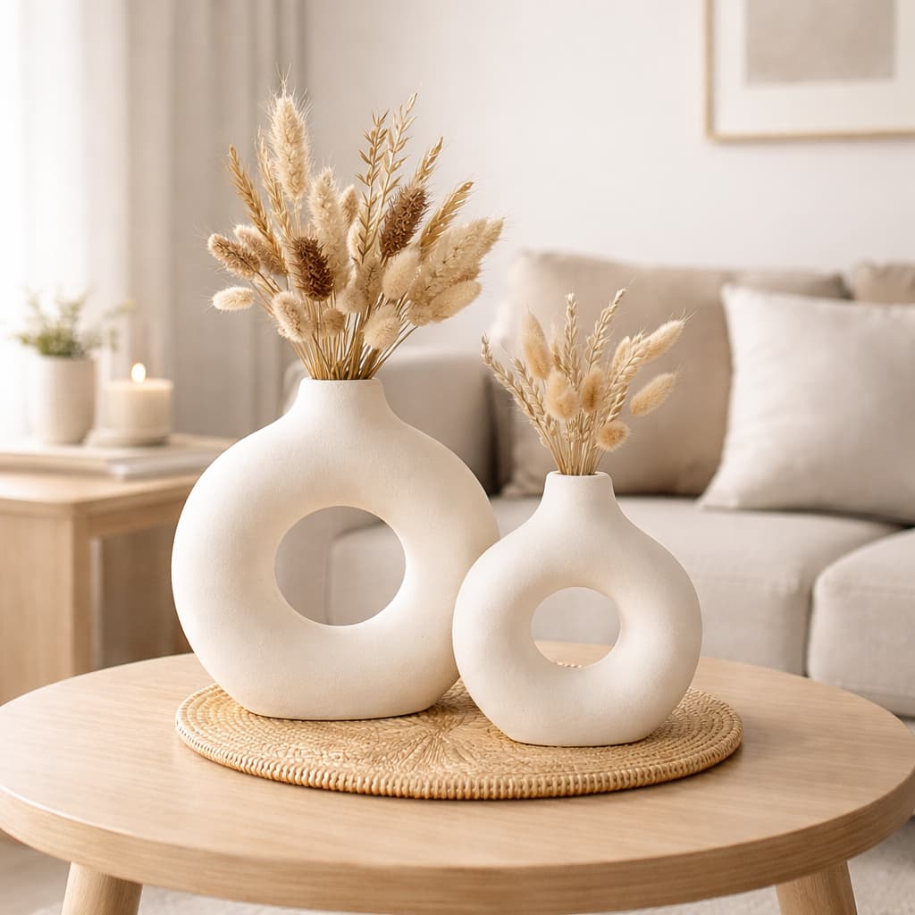 Kit Vasos 2 Peças Branco e Marfim Abstrato Redondo Minimalista Donut para Mesa kit roma